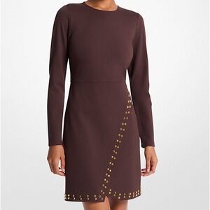Michael Kors Astor Stud Stretch Knit Long-Sleeve Dress - CHOCOLATE - SIZE L